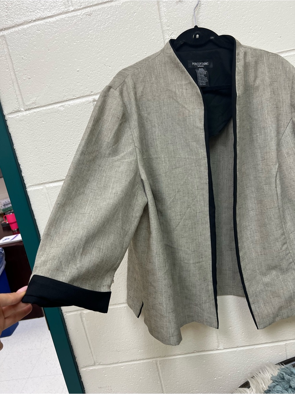 Perceptions Gray Open-Front Lightweight Jacket with Black Trim
